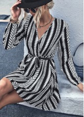 Black dresses,Geometric dresses,Tie Geometric Print Black Belted Dress