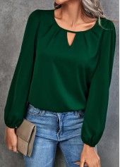 Cut Out Blackish Green Round Neck Blouse