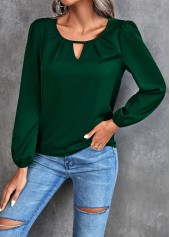 Blackish Green tops,Plain Color tops,Cut Out Blackish Green Round Neck Blouse