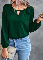 Blackish Green tops,Plain Color tops,Cut Out Blackish Green Round Neck Blouse