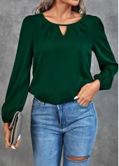 Blackish Green tops,Plain Color tops,Cut Out Blackish Green Round Neck Blouse