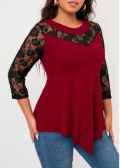 Wine Red plus size,Contrast Color plus size,Plus Size Lace Wine Red T Shirt
