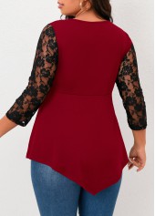 Wine Red plus size,Contrast Color plus size,Plus Size Lace Wine Red T Shirt