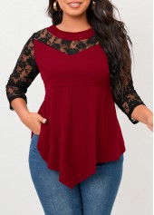 Wine Red plus size,Contrast Color plus size,Plus Size Lace Wine Red T Shirt