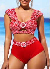 Red swimwear,Floral swimwear,ROTITA Red Floral Print High Waisted Bikini Bottom