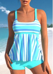 Cyan Wide Strap Striped Tankini Set