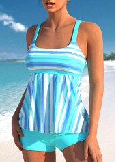 Cyan swimwear,White swimwear,Striped swimwear,ROTITA Cyan Wide Strap Striped Tankini Top