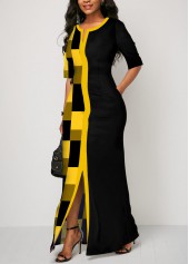 Yellow dresses,Black dresses,Geometric dresses,ROTITA Patchwork Geometric Print Yellow Maxi Dress