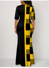 Yellow dresses,Black dresses,Geometric dresses,ROTITA Patchwork Geometric Print Yellow Maxi Dress