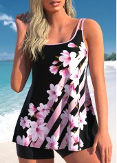 Contrast Binding Pink Floral Print Tankini Set