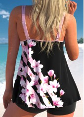 Pink swimwear,Black swimwear,Floral swimwear,Striped swimwear,Geometric swimwear,ROTITA Contrast Binding Pink Floral Print Tankini Top