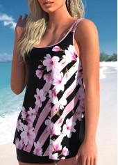 Pink swimwear,Black swimwear,Floral swimwear,Striped swimwear,Geometric swimwear,ROTITA Contrast Binding Pink Floral Print Tankini Top