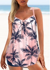 Pink swimwear,Plants swimwear,ROTITA Bowknot Pink Leaf Print Tankini Top