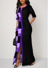 Purple dresses,Black dresses,Geometric dresses,ROTITA Split Geometric Print Purple Maxi Dress