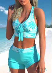 Cyan swimwear,Plants swimwear,ROTITA Bowknot Cyan Leaf Print Bikini Top