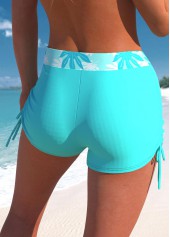 Cyan swimwear,Plants swimwear,ROTITA Cyan Leaf Print High Waisted Swim Shorts