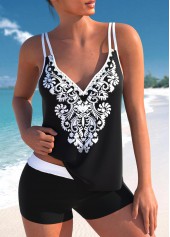 Black Double Straps Tribal Print Tankini Set
