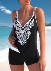 Black swimwear,Tribal swimwear,Floral swimwear,ROTITA Black Double Straps Tribal Print Tankini Top