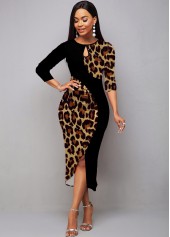 Multi Color dresses,Leopard dresses,ROTITA Patchwork Leopard Multi Color Round Neck Bodycon Dress