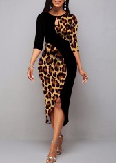 ROTITA Patchwork Leopard Multi Color Round Neck Bodycon Dress