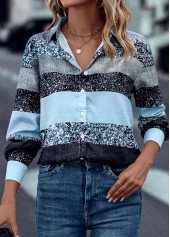 Light Blue tops,Contrast Color tops,Button Light Blue Shirt Collar Long Sleeve Blouse