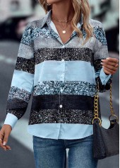 Button Light Blue Shirt Collar Long Sleeve Blouse