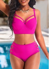 ROTITA Metal Ring Hot Pink Mid Waisted Bikini Set
