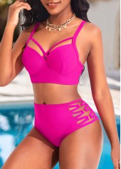 Hot Pink swimwear,Plain Color swimwear,ROTITA Metal Ring Hot Pink Mid Waisted Bikini Set