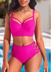 Hot Pink swimwear,Plain Color swimwear,ROTITA Metal Ring Hot Pink Mid Waisted Bikini Set