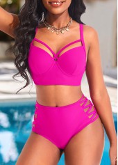 Hot Pink swimwear,Plain Color swimwear,ROTITA Metal Ring Hot Pink Mid Waisted Bikini Set