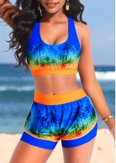 Blue swimwear,Plants swimwear,ROTITA Layered Blue High Waisted Tropical Print Bikini Set