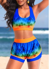 ROTITA Layered Blue High Waisted Tropical Print Bikini Set