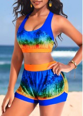 Blue swimwear,Plants swimwear,ROTITA Layered Blue High Waisted Tropical Print Bikini Set