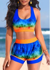 Blue swimwear,Plants swimwear,ROTITA Layered Blue High Waisted Tropical Print Bikini Set