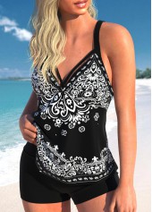 Black swimwear,Tribal swimwear,Floral swimwear,Paisley swimwear,ROTITA Criss Cross Black Tribal Print Tankini Top