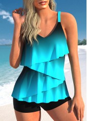 Layered Hem Cyan Ombre Tankini Set