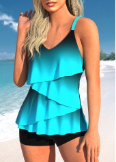 Cyan swimwear,Ombre swimwear,ROTITA Layered Hem Cyan Ombre Tankini Top