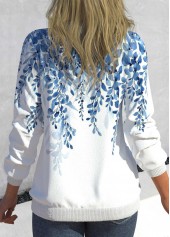 Light Blue tops,Plants tops,Ombre tops,ROTITA Leaf Print Light Blue V Neck Sweatshirt