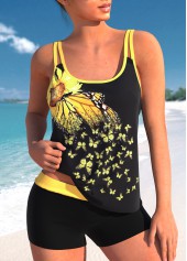 Contrast Binding Yellow Sunflower Print Tankini Set
