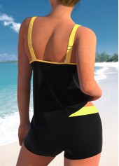 Yellow swimwear,Black swimwear,Plants swimwear,Floral swimwear,Animal Print swimwear,ROTITA Contrast Binding Yellow Sunflower Print Tankini Top