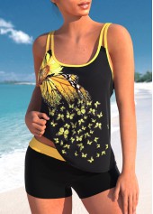 Yellow swimwear,Black swimwear,Plants swimwear,Floral swimwear,Animal Print swimwear,ROTITA Contrast Binding Yellow Sunflower Print Tankini Top