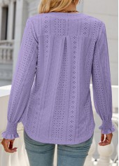 Neon Violet tops,Plain Color tops,Breathable Neon Violet Split Neck Long Sleeve Blouse