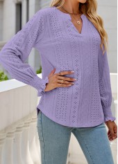 Neon Violet tops,Plain Color tops,Breathable Neon Violet Split Neck Long Sleeve Blouse