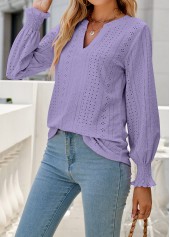 Neon Violet tops,Plain Color tops,Breathable Neon Violet Split Neck Long Sleeve Blouse