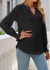 Black tops,Plain Color tops,Breathable Black Split Neck Long Sleeve Blouse