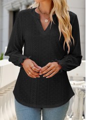 Black tops,Plain Color tops,Breathable Black Split Neck Long Sleeve Blouse