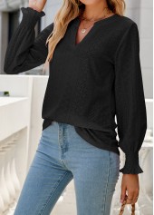 Black tops,Plain Color tops,Breathable Black Split Neck Long Sleeve Blouse