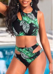 ROTITA Cut Out Black Leaf Print Mid Waisted Bikini Set