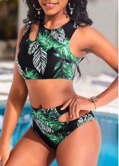 Black swimwear,Green swimwear,Plants swimwear,ROTITA Cut Out Black Leaf Print Mid Waisted Bikini Set