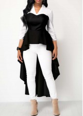 Black tops,White tops,Contrast Color tops,ROTITA Patchwork Black Polo Collar Dip Hem Blouse